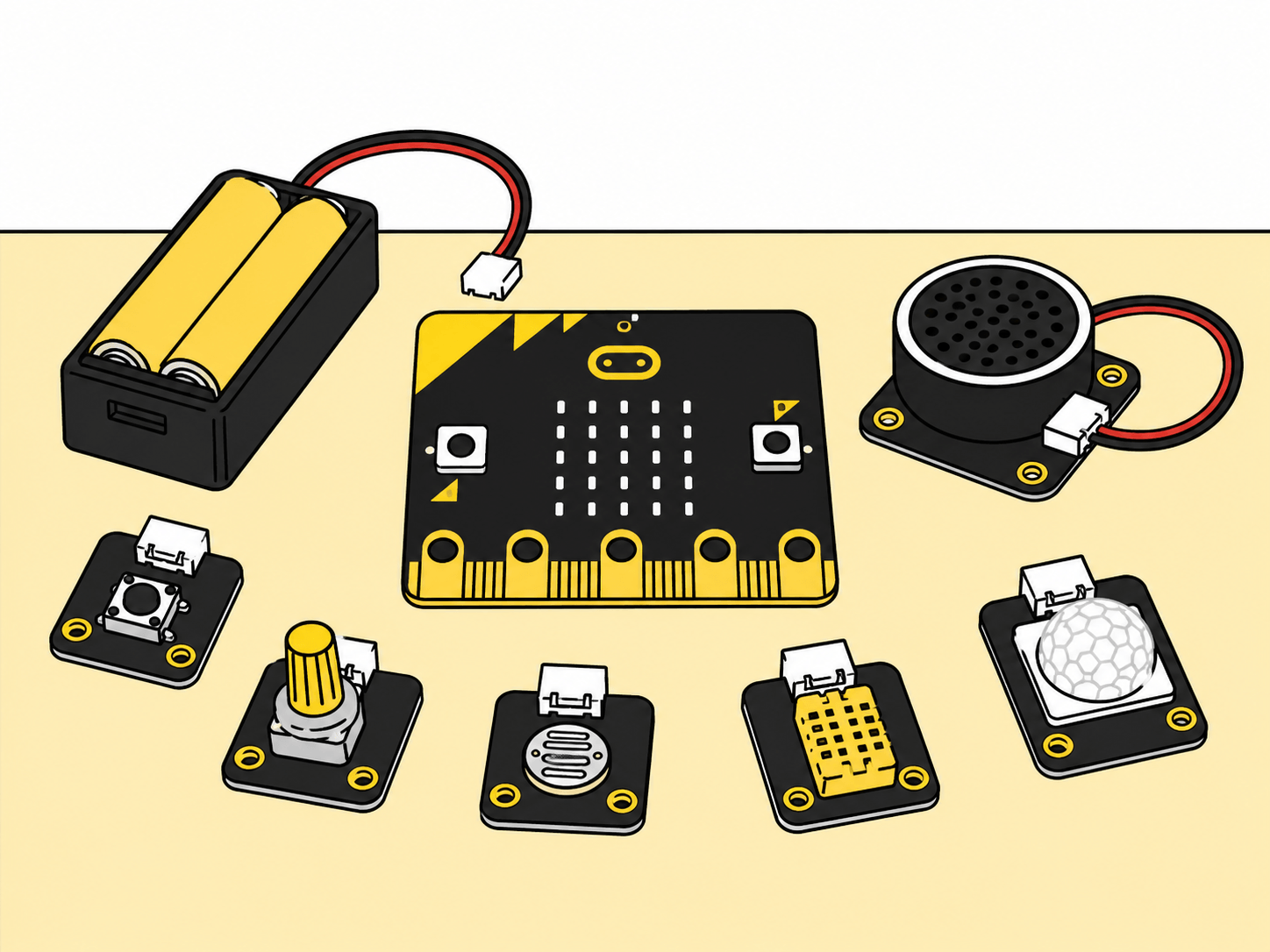 micro:bitにスピーカーやセンサーを追加してカスタマイズするイメージ