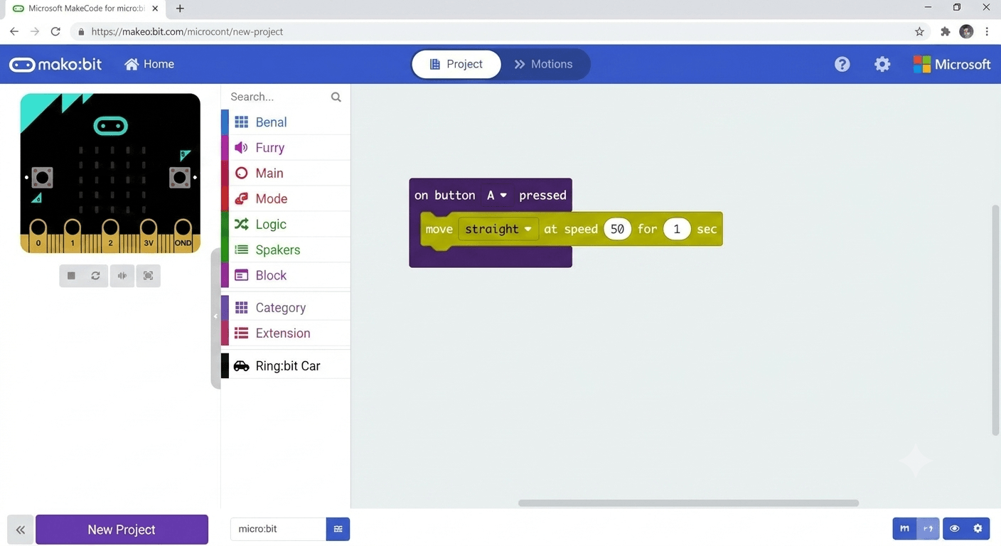 MakeCodeのブロックでRing:bit Carを前進させるプログラム例