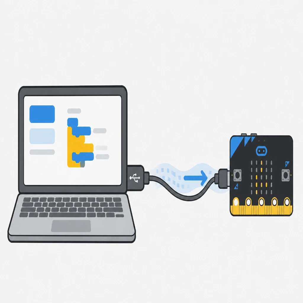 パソコンからmicro:bitへプログラムを転送するイメージ