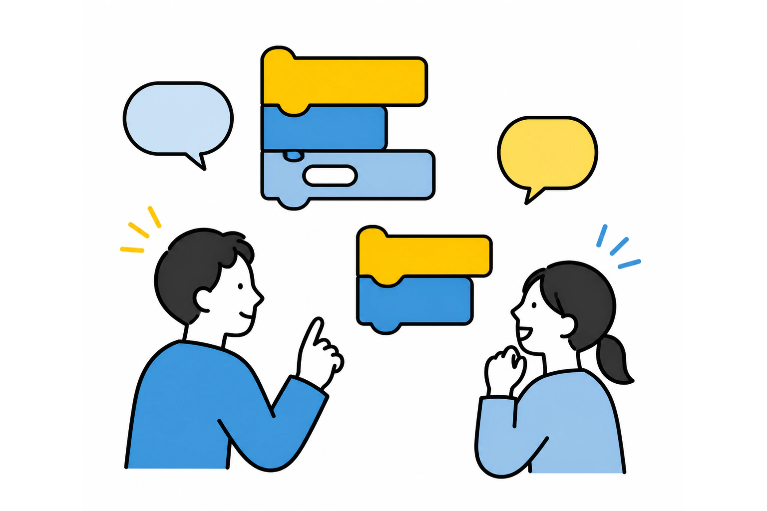 コードブロックと複数のキャラクターアイコンのイラスト