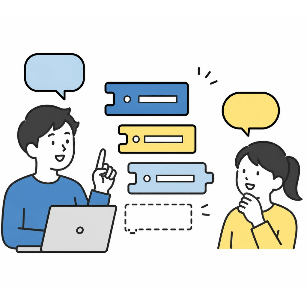 コードブロックと複数のキャラクターアイコンのイラスト