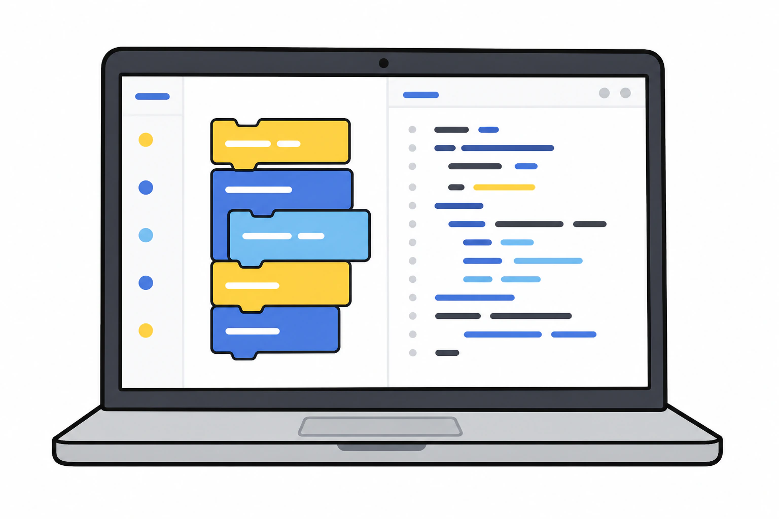 ノートパソコン画面のブロックとテキストコードのイラスト