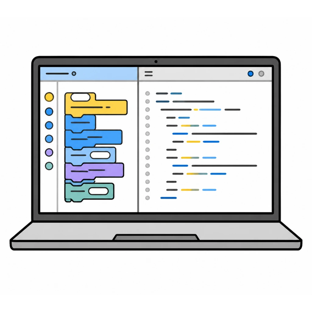 ノートパソコン画面のブロックとテキストコードのイラスト