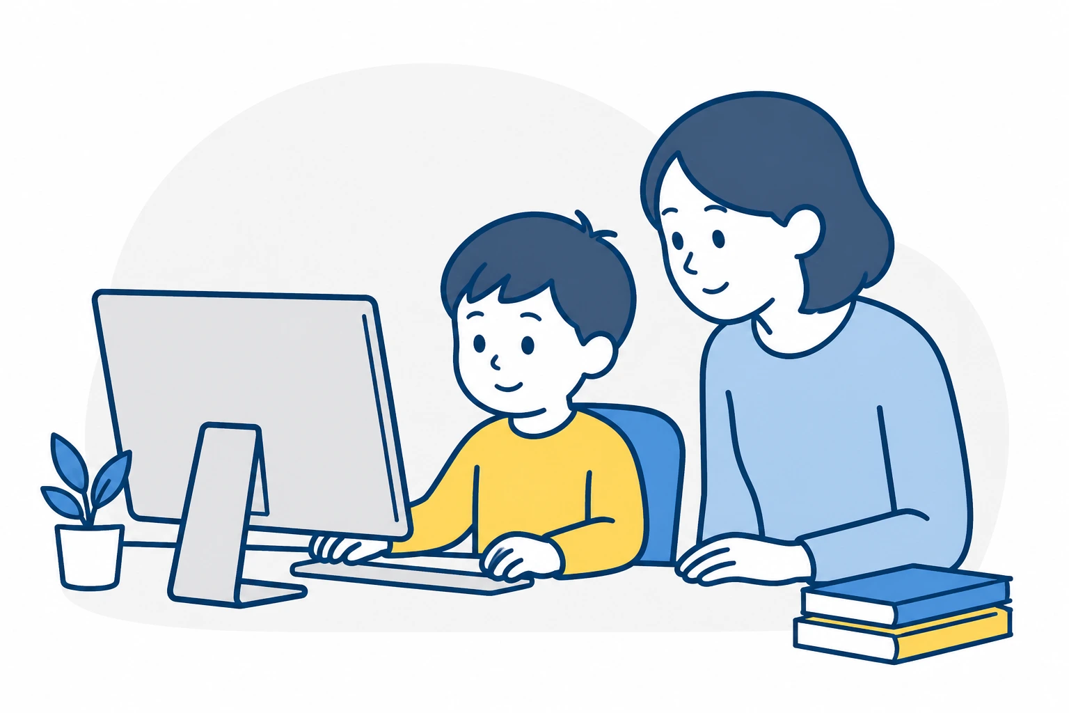 保護者と一緒にロブロックススタジオを操作する小学生のイメージイラスト