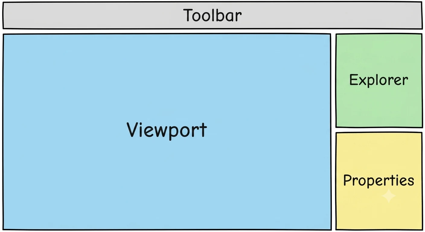 Roblox Studioの画面構成：Viewport・Explorer・Properties・Toolbarの位置図