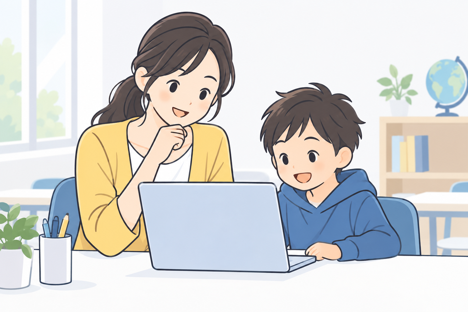 開発者がパソコン画面でイベントやアップデートを企画・設定している様子のイラスト