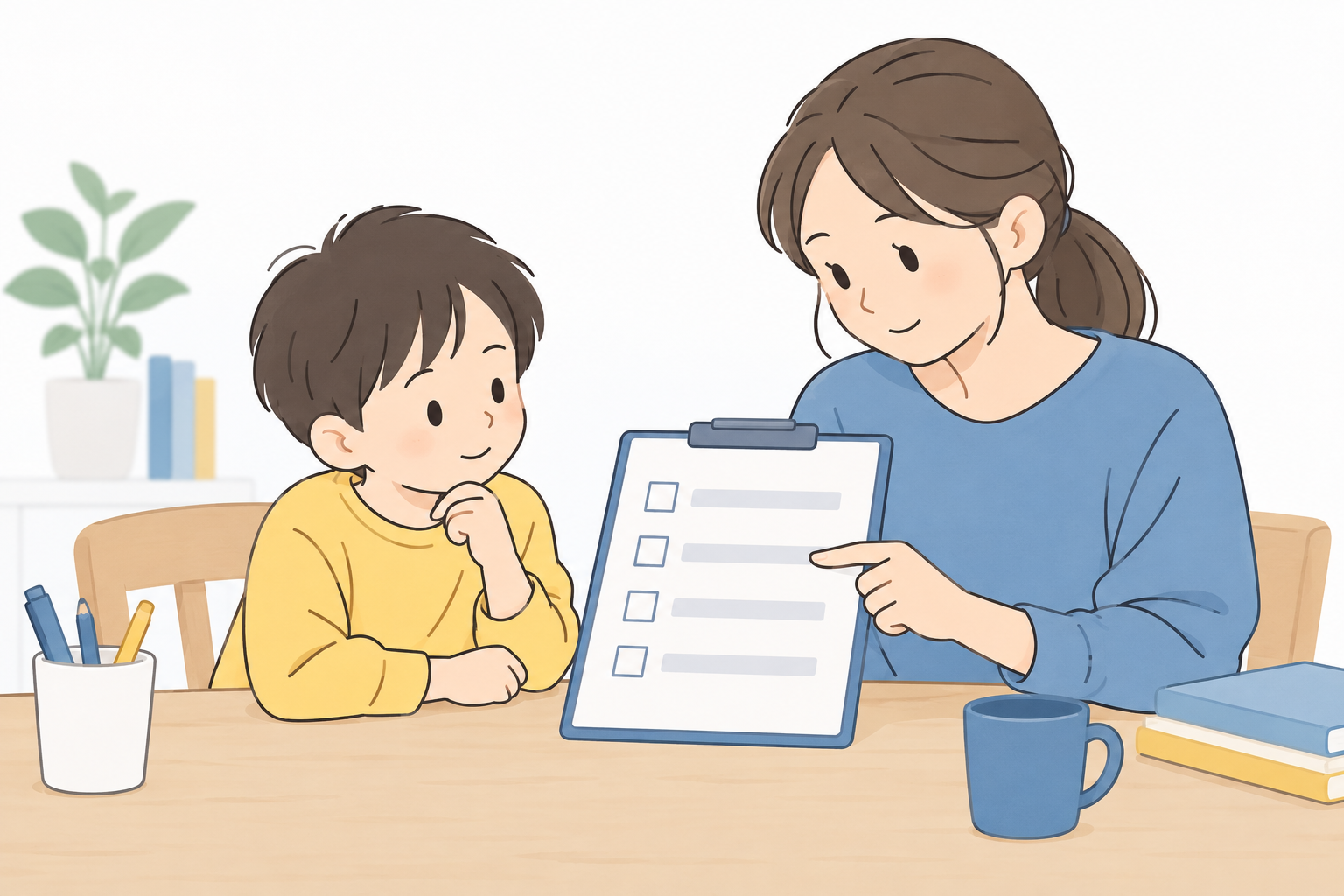 親子で一緒にパソコン画面を見ながら会話している様子のイラスト
