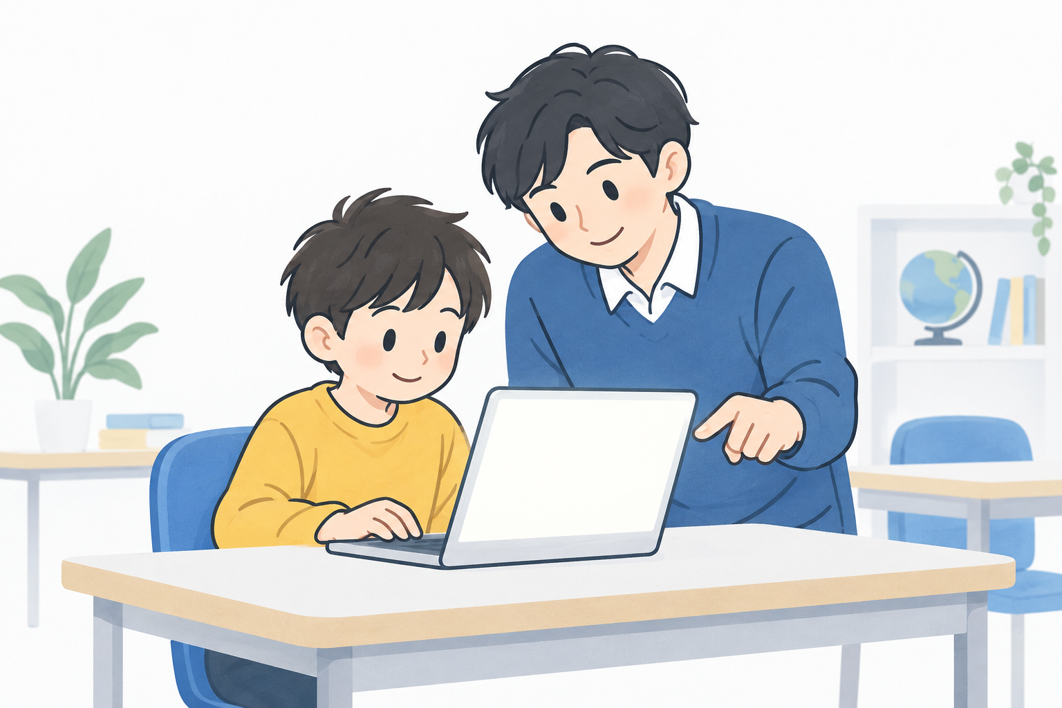 プログラミング教室で子どもたちが学んでいる雰囲気を伝えるイメージイラスト