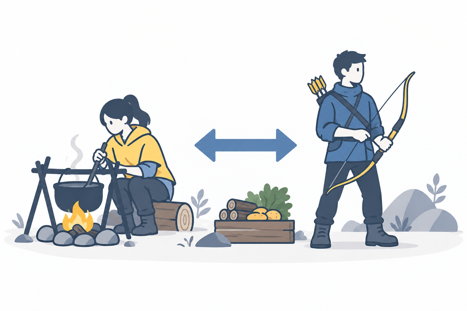 料理を担当する人物と狩猟を担当する人物が協力している様子のイラスト