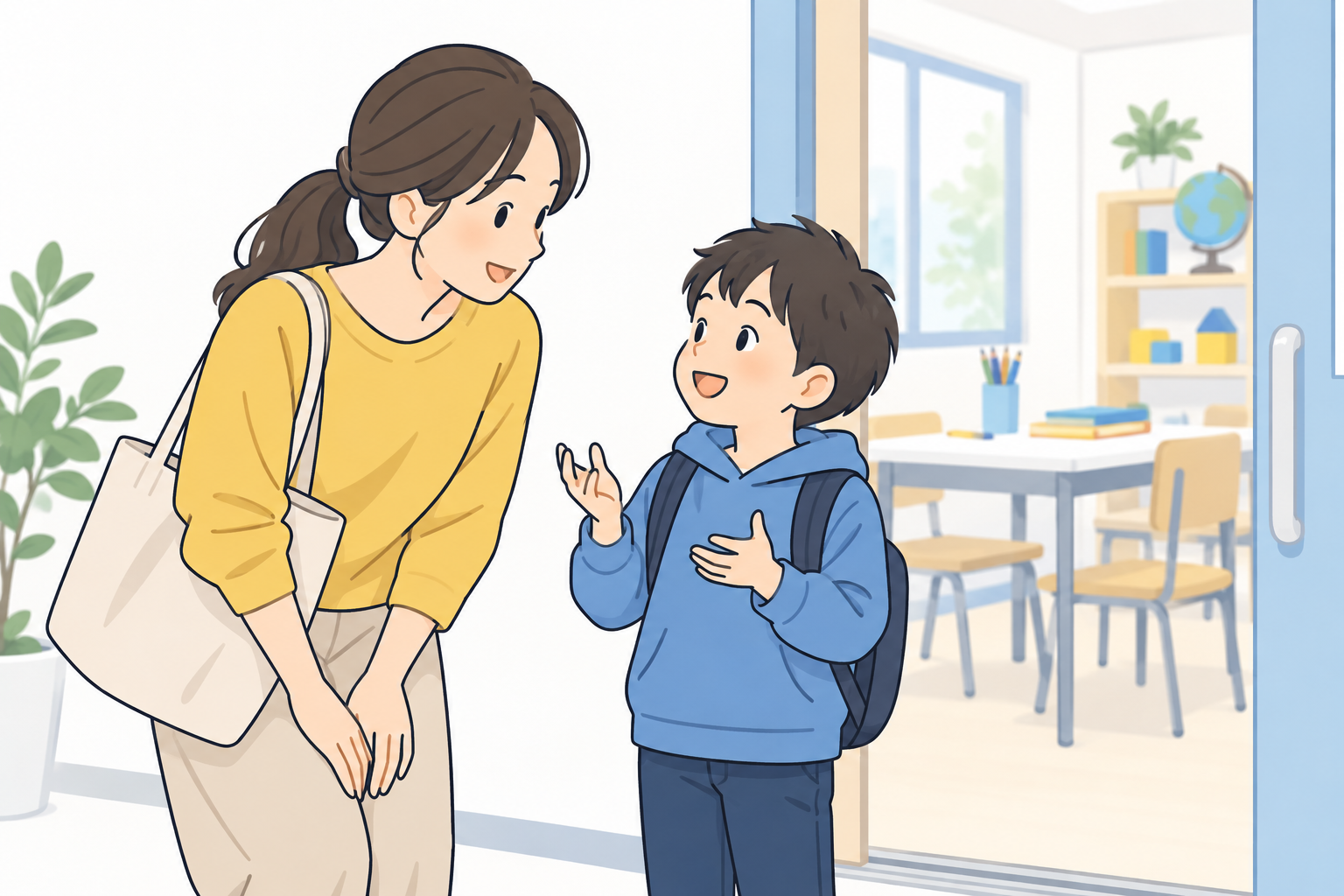 親子がゲーム画面を見ながら話し合っている様子のイラスト