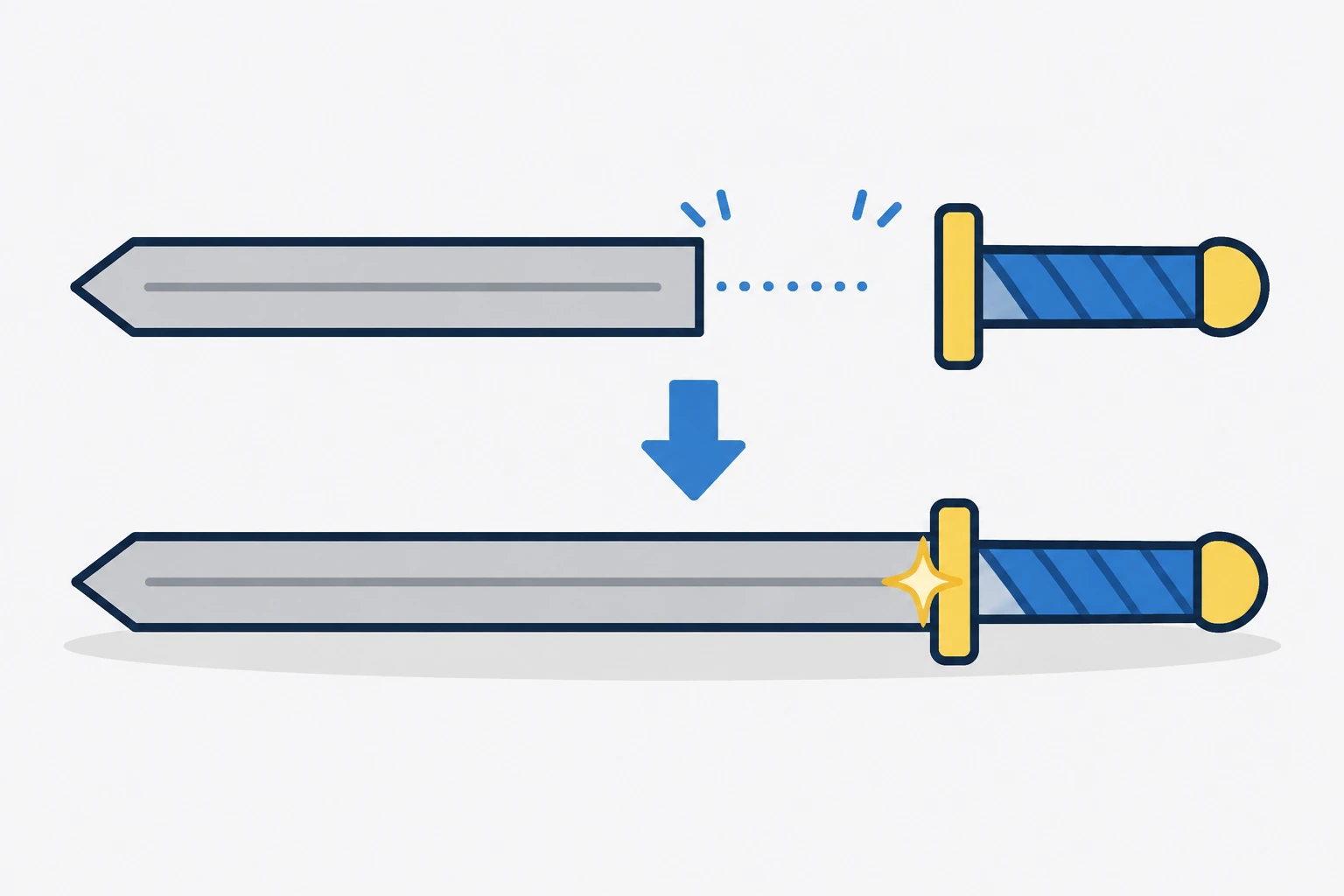 WeldConstraintを使って刃と柄を結合し1つの剣を作る仕組みの図解