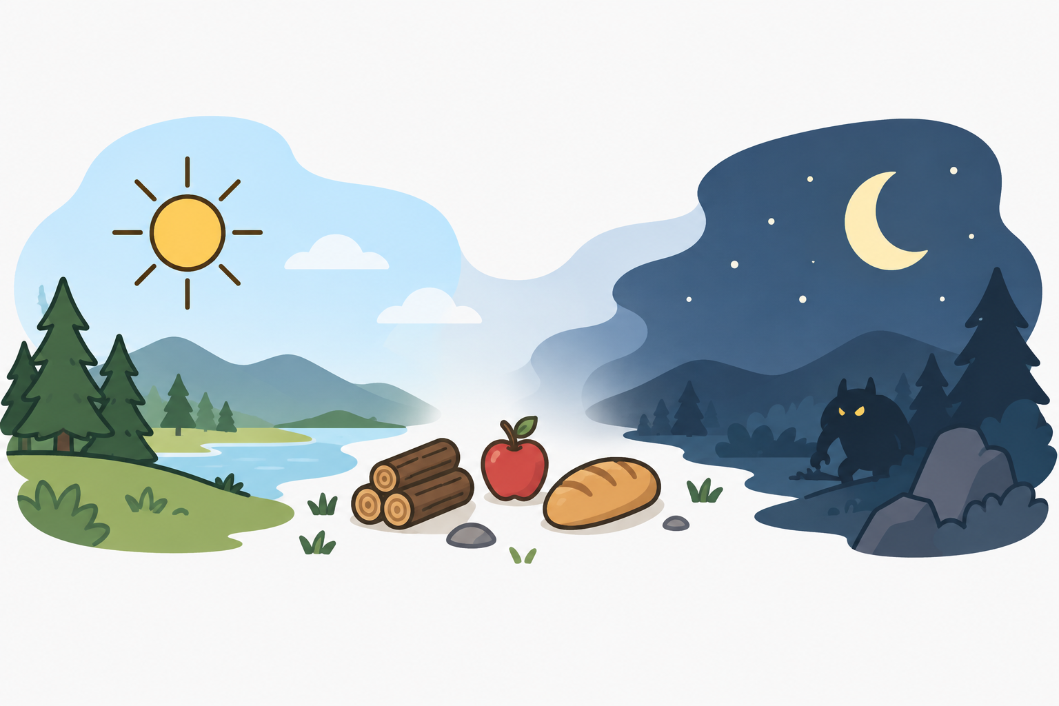 昼と夜が入れ替わる中で資源や危険が絡み合うサバイバルゲームの構造を表すイラスト