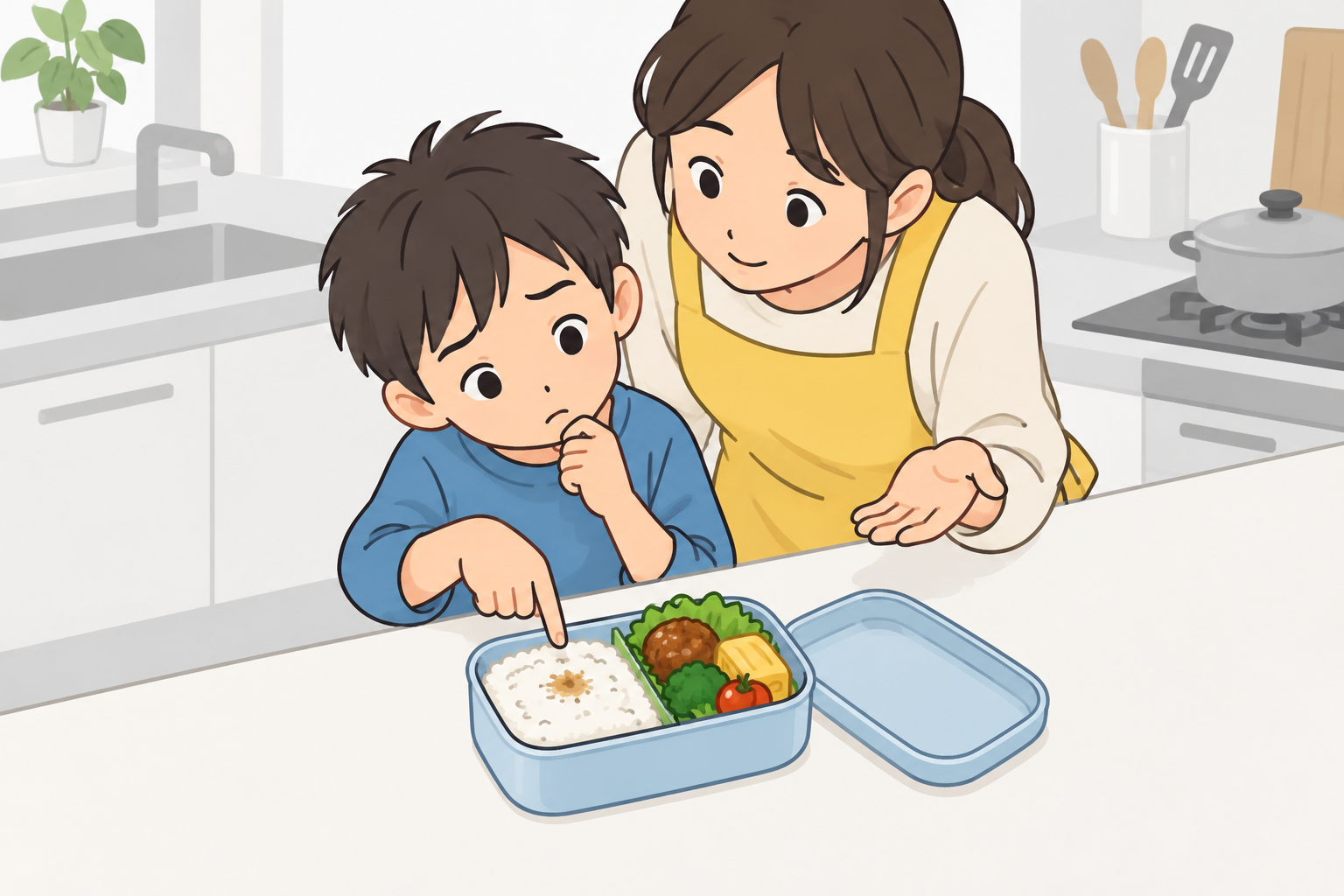 キッチンで、詰め終えたお弁当のご飯におかずの汁がしみた所を子どもが指さして考え、横の保護者が答えを言わずに手のひらを向けて問い返している場面