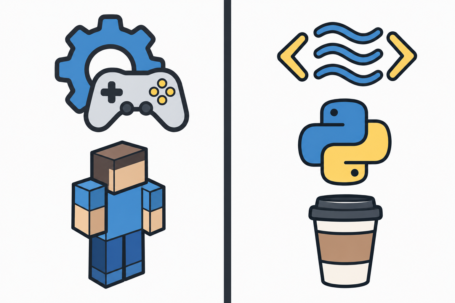 中央の区切り線を挟んで、左側にゲーム開発エンジンとブロック型キャラクターのアイコン、右側にコード記号・蛇・コーヒーカップのアイコンが分かれて並ぶ図