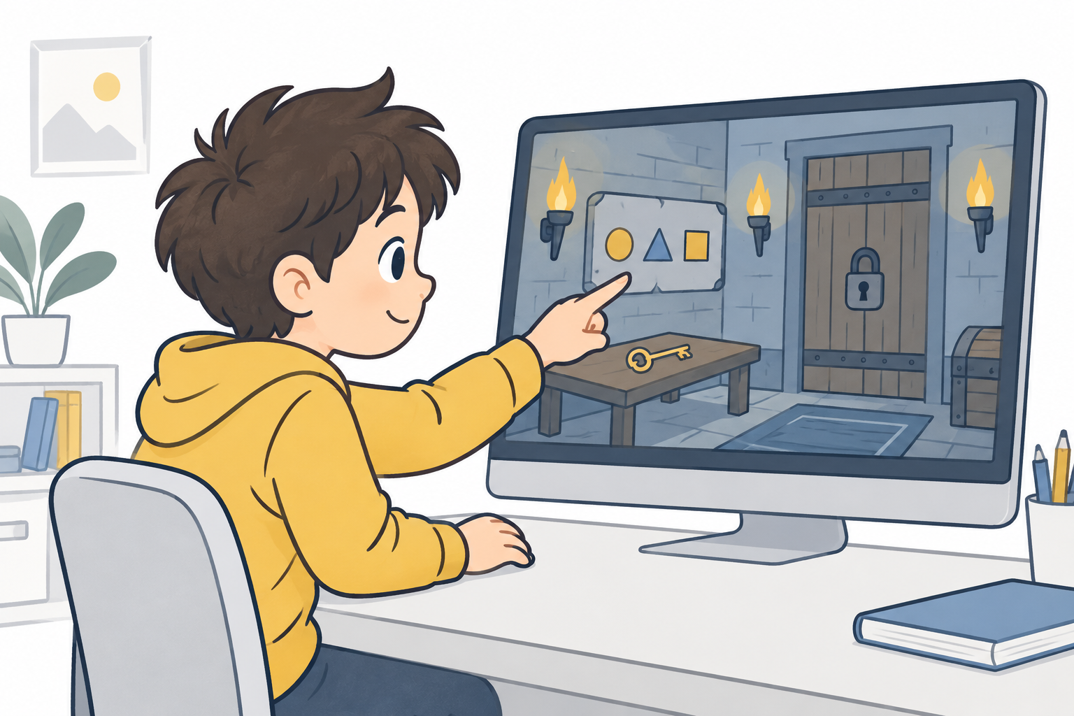 脱出ゲームの画面を見ながら手がかりを探している子どものイラスト