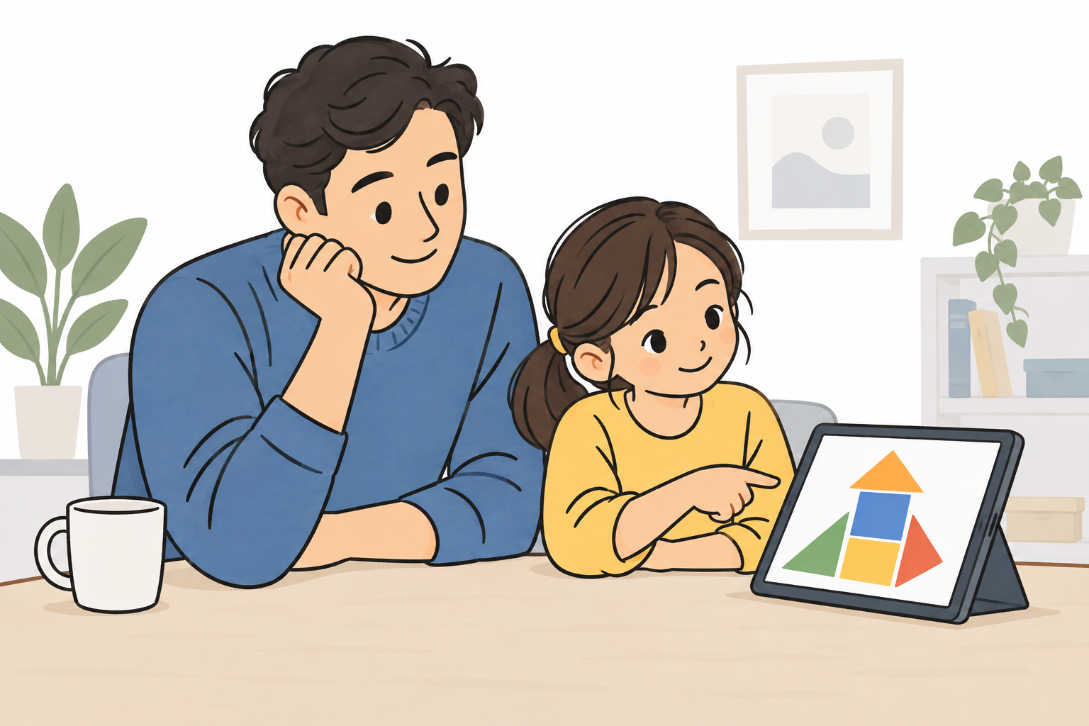 ゲームをクリアした後に親子で画面を見ながら話しているイラスト