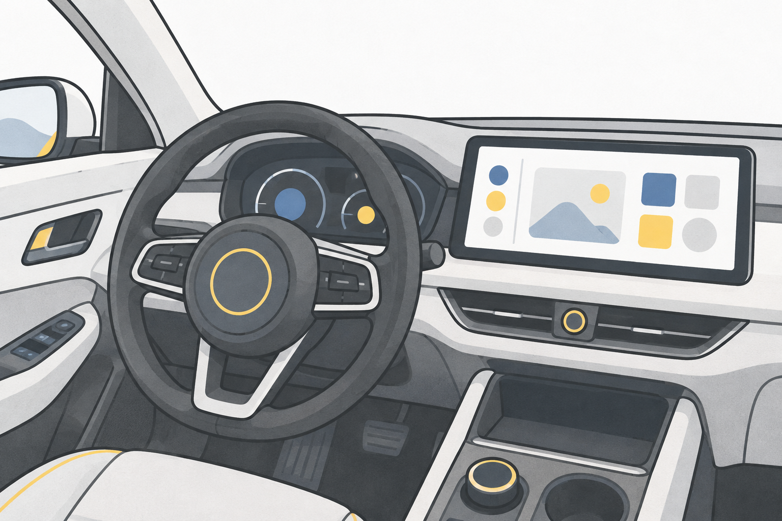 車の運転席のダッシュボード画面に抽象的なUI画面が表示されているイラスト