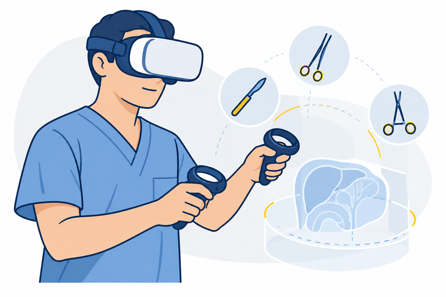 VRゴーグルを着けて手術トレーニングのシミュレーションをしている人物のイラスト
